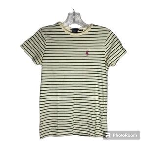Ralph Lauren Sport Blue Label Cream Green Stiped Pima Cotton Short Sleeve XS